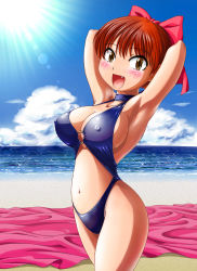 Rule 34 | 1girl, absurdres, alternate breast size, armpits, arms behind head, arms up, beach, bikini, blue bikini, blush, bow, breasts, cloud, covered erect nipples, cowboy shot, day, female focus, gegege no kitarou, gegege no kitarou 5, hair bow, hair ornament, hair ribbon, highres, large breasts, lens flare, looking at viewer, medium breasts, mishima, navel, nekomusume, nekomusume (gegege no kitarou 5), o-ring, o-ring swimsuit, ocean, open mouth, orange hair, outdoors, pink bow, red hair, ribbon, short hair, sideboob, sky, slit pupils, smile, solo, standing, summer, sun, swimsuit, yellow eyes