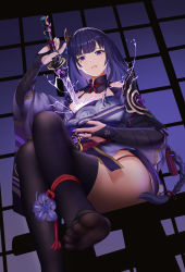 Rule 34 | 1girl, absurdres, black thighhighs, crossed legs, dutch angle, electricity, electrokinesis, feet, foot out of frame, from below, genshin impact, highres, holding, holding sword, holding weapon, human scabbard, indoors, japanese clothes, kimono, long hair, looking at viewer, low-braided long hair, low-tied long hair, mole, mole under eye, nail polish, no shoes, panties, parted lips, purple eyes, purple hair, purple kimono, raiden shogun, red panties, see-through, see-through legwear, sitting, soles, solo, sword, thighhighs, thighs, toes, underwear, weapon, zx2543128