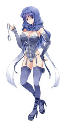 Rule 34 | 1girl, alternate costume, bad id, bad pixiv id, blue eyes, blue hair, breasts, cross-laced footwear, cuffs, dominatrix, elbow gloves, female focus, fingerless gloves, garter straps, gloves, hand on own hip, handcuffs, head scarf, high heels, highres, hood, kumoi ichirin, large breasts, matching hair/eyes, open shoes, pico (picollector79), short hair, simple background, solo, thighhighs, touhou