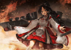 Rule 34 | 1girl, black hair, blush, brown eyes, hair ornament, hair ribbon, hair tie, hakama, hakama skirt, headgear, high ponytail, japanese clothes, kantai collection, long hair, long sleeves, looking at viewer, machinery, miko, multi-tied hair, nisshin (kancolle), okobo, open mouth, red eyes, red hakama, red ribbon, ribbon, ribbon-trimmed sleeves, ribbon trim, sandals, short eyebrows, skirt, smile, solo, thick eyebrows, toka (marchlizard), turret, very long hair, wide sleeves