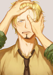 Rule 34 | 2boys, absurdres, blonde hair, blue eyes, brown shirt, collared shirt, facial hair, green kimono, grey background, hands on another&#039;s face, highres, japanese clothes, kimono, male focus, multiple boys, necktie, one piece, open mouth, poipoisky72, roronoa zoro, sanji (one piece), shirt, short hair, simple background, solo focus
