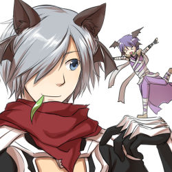 Rule 34 | &gt; &lt;, 2boys, :d, animal ears, armor, assassin (ragnarok online), assassin cross (ragnarok online), bandages, bat wings, black gloves, black shirt, black wings, blue eyes, brown footwear, cape, cat ears, closed mouth, commentary request, fingerless gloves, full body, gloves, grey hair, hair over one eye, head wings, leaf, male focus, mouth hold, multiple boys, natsuya (kuttuki), open clothes, open mouth, open shirt, pants, pauldrons, purple cape, purple hair, purple pants, purple shirt, ragnarok online, red scarf, running, scarf, shirt, shoes, short hair, shoulder armor, simple background, sleeveless, sleeveless shirt, smile, stalk in mouth, torn cape, torn clothes, upper body, vambraces, waist cape, white background, wings
