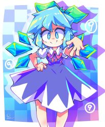 Rule 34 | 1girl, blue dress, blue hair, blue pupils, cirno, crystal, detached wings, dress, green ribbon, highres, ice, ice wings, pale skin, red ribbon, ribbon, signature, simple background, sir koi, smile, solo, touhou, wings