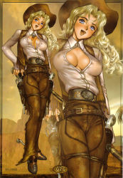 Rule 34 | 1girl, belt, blonde hair, blue eyes, boots, breasts, cowboy boots, cowboy hat, cowboy shot, from below, full body, gun, hat, highres, juliona trans, large breasts, long hair, looking at viewer, open clothes, open mouth, open shirt, shirou masamune, shirt, smile, weapon, cowboy western, wild wet west