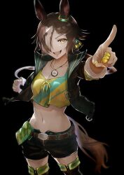 Rule 34 | 1girl, absurdres, animal ears, belt, black background, black jacket, black shorts, blush, breasts, brown eyes, brown hair, clenched hand, commentary request, cowboy shot, crop top, cropped jacket, grin, hair over one eye, highres, horse ears, horse girl, horse tail, jacket, kencya0327, long hair, looking at viewer, low ponytail, midriff, navel, open clothes, open jacket, open mouth, pointing, pointing at viewer, shorts, simple background, small breasts, smile, solo, stopwatch, tail, teeth, umamusume, upper teeth only, v-shaped eyebrows, vodka (umamusume), watch