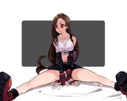 Rule 34 | 1girl, bare shoulders, bed sheet, belt, between legs, black skirt, black sleeves, blush, breasts, brown hair, closed mouth, collarbone, crop top, detached sleeves, earrings, elbow pads, female focus, final fantasy, final fantasy vii, fingerless gloves, forehead, gloves, hair tie, haisen, hand between legs, highres, jewelry, large breasts, legs, light blush, long hair, looking to the side, midriff, miniskirt, navel, nose blush, own hands together, panties, pantyshot, pencil skirt, red eyes, red gloves, shirt, sidelocks, simple background, sitting, skirt, sleeveless, sleeveless shirt, solo, spread legs, stomach, thighs, tifa lockhart, two-tone background, underwear, upskirt, v arms, very long hair, white panties, white shirt, wide-eyed