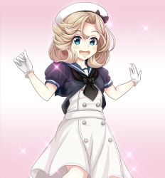 Rule 34 | 1girl, black neckwear, black shirt, blonde hair, blue eyes, blue sailor collar, child, commentary request, cowboy shot, dress, gloves, gradient background, hat, highres, janus (kancolle), kantai collection, looking at viewer, open mouth, pink background, sailor collar, sailor dress, sailor hat, shirt, short hair, short sleeves, solo, sparkle, tk8d32, white dress, white gloves, white hat