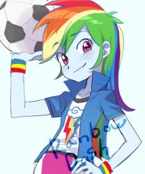 Rule 34 | 1girl, american football (object), baekgup, ball, blue skin, colored skin, hand on own hip, long hair, looking at viewer, multicolored hair, my little pony, my little pony: equestria girls, my little pony: friendship is magic, purple eyes, rainbow dash, signature, simple background, smile, soccer ball, solo, wristband