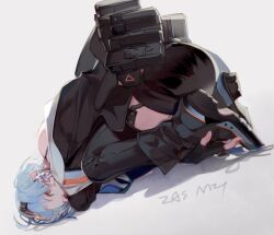 Rule 34 | 1girl, ammunition pouch, ass, black gloves, black jacket, black thighhighs, blue hair, boots, character name, curled up, earrings, fingerless gloves, full body, girls&#039; frontline, gloves, goggles, goggles on head, grey background, jacket, jewelry, looking at viewer, nail polish, nineo, orange eyes, orange nails, pouch, short hair, solo, thighhighs, zas m21 (girls&#039; frontline)
