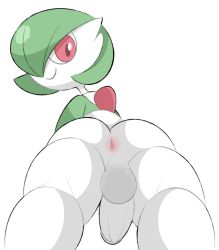 Rule 34 | 1boy, anus, ass, bob cut, closed mouth, colored skin, creatures (company), erection, from behind, from below, game freak, gardevoir, gen 3 pokemon, green hair, green skin, hair over one eye, happy, kneepits, looking back, looking down, multicolored skin, nintendo, penis, pokemon, pokemon (creature), red eyes, short hair, simple background, smile, solo, standing, testicles, two-tone skin, uncensored, vilepluff, white background, white skin