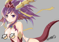 Rule 34 | 1girl, :3, a-na, armor, artist name, blush, breasts, censored, censored nipples, character censor, dragon girl, dragon horns, dragon tail, elbow gloves, fins, gloves, grey background, hair ornament, head fins, heterochromia, horns, large breasts, leaning, leaning forward, long hair, lunacats, novelty censor, purple eyes, purple hair, puzzle &amp; dragons, red gloves, simple background, solo, sonia (p&amp;d), tail, tamadra, yellow eyes