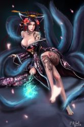 Rule 34 | 1girl, ahri (league of legends), alternate costume, animal ears, bare shoulders, barefoot, black hair, breasts, cleavage, fox ears, fox tail, hair ornament, hair stick, highres, japanese clothes, kanzashi, kimono, kimono pull, large breasts, league of legends, legs, crossed legs, lips, long hair, multiple tails, oiran, pbei, sitting, solo, tail, tattoo, yellow eyes