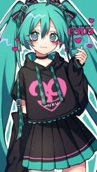 Rule 34 | 1girl, 39, black bow, black shirt, black skirt, black sleeves, blue background, blue eyes, blue hair, bow, character name, closed mouth, detached sleeves, hair between eyes, hair bow, hand up, hatsune miku, heart, heart-shaped pupils, highres, holding, kyouda suzuka, long hair, long sleeves, looking at viewer, multicolored bow, pink bow, shirt, short sleeves, simple background, skirt, smile, solo, standing, symbol-shaped pupils, t-shirt, twintails, twitter username, vocaloid