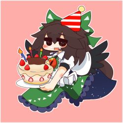 Rule 34 | 1girl, birthday cake, black wings, bow, brown hair, cake, candle, cape, collared shirt, feathered wings, food, frilled shirt, frilled shirt collar, frilled skirt, frills, green bow, green skirt, hair between eyes, hair bow, hat, holding, holding food, holding plate, long hair, looking at viewer, muuei, open mouth, party hat, pink background, plate, puffy short sleeves, puffy sleeves, red hat, reiuji utsuho, shirt, short sleeves, simple background, skirt, solid circle eyes, solo, strawberry cake, striped clothes, striped headwear, third eye on chest, touhou, very long hair, white cape, white hat, white shirt, wings