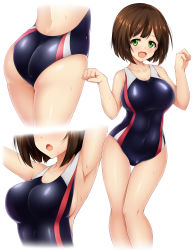 Rule 34 | 10s, 1girl, :d, armpits, arms up, ass, back cutout, bare arms, bare legs, bare shoulders, black one-piece swimsuit, blush, breasts, brown hair, clothing cutout, collarbone, competition swimsuit, covered navel, dimples of venus, fang, from behind, highres, idolmaster, idolmaster cinderella girls, kuragari, looking at viewer, lower body, maekawa miku, medium breasts, multiple views, one-piece swimsuit, open mouth, short hair, sideboob, simple background, skin tight, smile, sweatdrop, swimsuit, thigh gap, thighs, tooth, upper body, white background