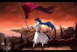 Rule 34 | 1girl, adapted costume, artist name, black hat, blue hair, boots, bow, brown footwear, commentary, dress, flag, food, fruit, hat, highres, hinanawi tenshi, holding, letterboxed, long dress, long hair, long sleeves, looking at viewer, looking back, peach, red bow, scenery, signature, smile, solo, standing, tetsurou (fe+), touhou, white dress
