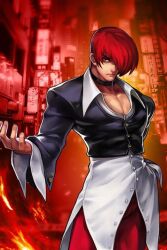 Rule 34 | 1boy, buttons, collar, exposed chest, fatal fury, japanese text, red hair, signs, yagami iori