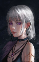Rule 34 | 1girl, absurdres, black choker, black dress, blunt bangs, chainsaw man, choker, closed mouth, dark background, dress, ear piercing, earrings, expressionless, eyelashes, fami (chainsaw man), gem, highres, jewelry, looking at viewer, luxearte, medium hair, mole, mole under eye, mole under mouth, multiple earrings, necklace, pendant, piercing, portrait, purple eyes, ringed eyes, sidelocks, single bare shoulder, sleeveless, solo, upper body, white hair