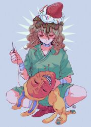 Rule 34 | 1girl, absurdres, animal costume, bandaged arm, bandaged leg, bandaged neck, bandages, bandaid, bandaid on arm, chocolate, closed mouth, collarbone, curly hair, expressionless, food, food on head, fruit, green shirt, highres, holding sewing needle, light brown hair, long hair, looking down, mask, needle, no feet, object on head, oni mask, orange eyes, original, pin, purple background, rabbit costume, ringed eyes, sewing needle, shirt, signature, sitting, solo, sprinkles, strawberry, string, teeth, ttanne, whipped cream