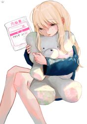 Rule 34 | 1girl, blonde hair, blue shirt, brown eyes, ccnaov, crying, crying with eyes open, feet out of frame, hair between eyes, highres, hugging object, large teddy bear, long hair, long sleeves, open mouth, original, paper, sad, shirt, simple background, sitting, solo, streaming tears, stuffed animal, stuffed toy, tears, teddy bear, white background