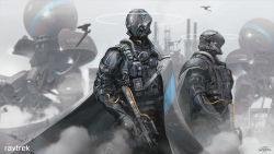 Rule 34 | 2boys, armor, drone, esuthio, gun, halo, highres, holding, holding gun, holding weapon, logo, looking to the side, mecha, military, multiple boys, original, power armor, raytrek, robot, science fiction, weapon