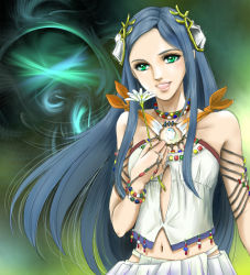 Rule 34 | 10s, 1girl, bare shoulders, blue hair, final fantasy, final fantasy xiii, final fantasy xiii-2, flower, green eyes, hair ornament, jewelry, long hair, midriff, navel, open mouth, paddra nsu-yeul, pipi-mama, pixiv sample
