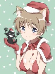Rule 34 | 2girls, absurdres, animal ears, bikini, blue eyes, blush, breasts, cat ears, cleavage, closed mouth, hat, highres, large breasts, looking at viewer, lynette bishop, miyafuji yoshika, multiple girls, red bikini, santa costume, santa hat, silhouette demon, simple background, smile, strike witches, swimsuit, tricky 46, world witches series