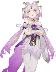 Rule 34 | 1girl, bare shoulders, bow-shaped hair, constellation, constellation print, crossed arms, dress, forehead jewel, fu xuan (honkai: star rail), hair ornament, hair stick, highres, honkai: star rail, honkai (series), leggings, low twintails, off-shoulder dress, off shoulder, open mouth, pantyhose, parted bangs, pink hair, pink tassel, ryein, simple background, solo, tassel, tassel hair ornament, twintails, white background, white leggings, white pantyhose