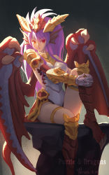 Rule 34 | 1girl, armor, claws, copyright name, dated, dragon girl, dragon horns, dragon tail, dragon wings, elbow gloves, fins, gloves, greaves, head fins, heterochromia, highres, horns, hugging own legs, long hair, looking at viewer, purple hair, puzzle &amp; dragons, red eyes, rock, sitting, solo, sonia (p&amp;d), tail, thigh strap, tienao, wings, yellow eyes