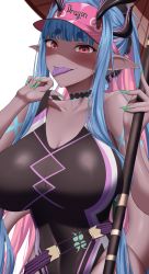Rule 34 | 1girl, bare shoulders, belt, black one-piece swimsuit, blue hair, blush, body markings, breasts, cleavage, collarbone, colored skin, covered navel, dark-skinned female, dark skin, earrings, fate/grand order, fate (series), grey skin, hair between eyes, hat, highleg, highleg swimsuit, highres, horns, ibuki douji (fate), ibuki douji (swimsuit berserker) (fate), ibuki douji (swimsuit berserker) (first ascension) (fate), jewelry, kikata (hata nanokana), large breasts, long hair, looking at viewer, magatama, multicolored hair, oil-paper umbrella, one-piece swimsuit, oni, oni horns, pink hair, pink hat, pink one-piece swimsuit, pointy ears, ponytail, red eyes, sidelocks, smile, solo, swimsuit, tail, tongue, tongue out, two-tone swimsuit, umbrella, visor cap