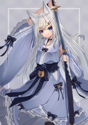 Rule 34 | 1girl, absurdres, animal ear fluff, animal ears, arm up, bare shoulders, bell, black bow, black choker, black thighhighs, blue eyes, blue kimono, blue skirt, blue sleeves, bow, breasts, choker, closed mouth, detached sleeves, fox ears, fox girl, fox tail, frilled sleeves, frills, grey hair, hair between eyes, hair ornament, hairclip, highres, hinata (user rjkt4745), holding, holding sheath, holding sword, holding weapon, japanese clothes, jingle bell, katana, kimono, lace, lace-trimmed legwear, lace trim, long hair, long sleeves, looking at viewer, original, plaid, plaid background, sheath, skirt, sleeveless, sleeveless kimono, sleeves past wrists, small breasts, smile, solo, striped, striped bow, sword, tail, thighhighs, unsheathing, very long hair, weapon, wide sleeves