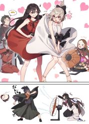 Rule 34 | &gt;o&lt;, 4boys, 4girls, ^^^, black bow, black hair, blush, bow, brown gloves, brown hair, chacha (fate), clothes lift, comic, covering own eyes, dress, electric fan, fanning, fate/grand order, fate (series), fist pump, food, formal, gloves, hair over one eye, hand fan, hand on own hip, hat, heart, heart background, hijikata toshizou (fate), japanese clothes, keikenchi (style), koha-ace, light brown hair, long hair, long sleeves, medium hair, military, military uniform, multiple boys, multiple girls, musical note, necktie, oda nobukatsu (fate), oda nobunaga (fate), oda nobunaga (koha-ace), okada izou (fate), okita souji (fate), okita souji (koha-ace), omi (tyx77pb r2), open mouth, oryou (fate), pleated skirt, ponytail, red dress, sailor, sakamoto ryouma (fate), scarf, short hair, signature, skirt, skirt lift, smile, suit, sundress, takuan, uniform, very long hair, white dress, white hat, white suit, wind, wind lift