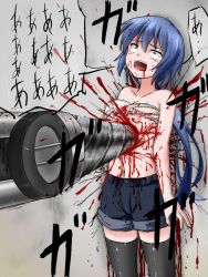Rule 34 | 1girl, against wall, amasaki ryouko, artist request, black thighhighs, blank blood, blood, blue eyes, blue hair, breasts, cracklecradle, crying, defeat, drill, female focus, guro, long hair, matching hair/eyes, navel, nipples, open mouth, ponytail, screaming, shorts, small breasts, solo, stab, strapless, thighhighs, torn clothes, translation request, tube top, weapon