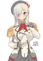 Rule 34 | artist name, blue eyes, breasts, buttons, cosplay, cowboy shot, double-breasted, epaulettes, frilled sleeves, frills, gloves, grey skirt, hair ornament, hair over one eye, hairclip, hamakaze (kancolle), highres, jacket, kantai collection, kashima (kancolle), kashima (kancolle) (cosplay), large breasts, long sleeves, military, military jacket, military uniform, miniskirt, neckerchief, one-hour drawing challenge, owa (ishtail), pleated skirt, red neckerchief, short hair, simple background, skirt, solo, uniform, white background, white gloves, white hair, white jacket