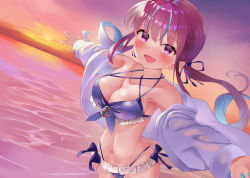 Rule 34 | 1girl, :d, absurdres, bikini, blunt bangs, blush, bow, braid, breasts, cleavage, collarbone, female focus, frilled bikini, frills, hair ribbon, halterneck, highleg, highleg bikini, highres, hololive, horizon, long hair, long sleeves, looking at viewer, medium breasts, minato aqua, multicolored hair, nail polish, navel, ocean, open clothes, open mouth, open shirt, outdoors, outstretched arms, pointing, pointing forward, purple bikini, purple bow, purple eyes, purple ribbon, ribbon, shirt, smile, solo, sunset, swimsuit, twintails, two-tone hair, virtual youtuber, water, white shirt, yoshidadon