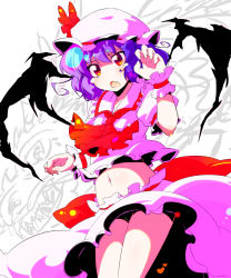 Rule 34 | 1girl, ascot, chestnut mouth, dragon, fang, female focus, fingernails, hat, hat ribbon, heart, highres, midriff, navel, purple hair, red eyes, remilia scarlet, ribbon, short hair, skirt, solo, sw (taco), tears, touhou, wings, wrist cuffs