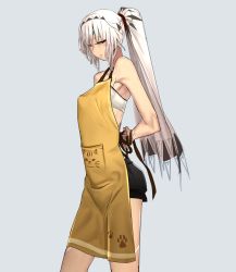 Rule 34 | 1girl, altera (fate), apron, arms behind back, bandeau, bare shoulders, black shorts, breasts, cowboy shot, dark skin, dark-skinned female, fate/grand order, fate (series), headband, i-pan, ponytail, puffy shorts, red eyes, short hair, shorts, simple background, small breasts, solo, tattoo, veil, white bandeau, white hair