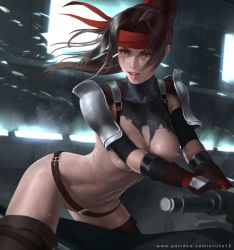 Rule 34 | 1girl, armor, belt, belt pouch, black shorts, boobplate, breastplate, breasts, brown thighhighs, cowboy shot, crop top, cutoffs, final fantasy, final fantasy vii, final fantasy vii remake, gloves, hair blowing, headband, impossible armor, jessie rasberry, loose belt, medium breasts, midriff, motor vehicle, motorcycle, nipples, nose, open fly, patreon username, pink lips, ponytail, pouch, red gloves, red headband, short shorts, shorts, shoulder armor, solo, square enix, straddling, sweat, thighhighs, thighs, toned, tongue, tongue out, torn clothes, uruka 18, wet