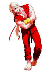 Rule 34 | 1990s (style), 1boy, armor, barefoot, bengus, blonde hair, blue eyes, capcom, crossed arms, dougi, eyebrows, hair ribbon, japanese armor, ken masters, kote, long hair, male focus, muscular, official art, ponytail, retro artstyle, ribbon, smile, solo, street fighter, thick eyebrows, torn clothes, torn sleeves, x-men vs. street fighter, x-men vs street fighter