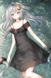 Rule 34 | 1girl, bad id, bad pixiv id, bare shoulders, black dress, blue eyes, braid, closed mouth, day, dress, feet out of frame, grey hair, hair between eyes, hair ornament, kizuna akari, long hair, looking at viewer, low twintails, lying, murano, off-shoulder dress, off shoulder, on back, on grass, outdoors, solo, star (symbol), twin braids, twintails, very long hair, voiceroid