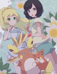 Rule 34 | 2girls, 343rone, :o, absurdres, alolan form, alolan raichu, black hair, blonde hair, blush stickers, braid, closed mouth, commentary request, creatures (company), eyelashes, floral print, flower, food, fork, game freak, gen 7 pokemon, green eyes, green shorts, grey eyes, hand up, highres, holding, holding fork, holding plate, lillie (pokemon), long hair, multiple girls, nintendo, open mouth, pancake, pawmi, plate, pleated skirt, pokemon, pokemon (creature), pokemon sm, selene (pokemon), shirt, short shorts, short sleeves, shorts, skirt, smile, split mouth, sweatdrop, t-shirt, undershirt, white flower, white shirt, white skirt