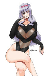 Rule 34 | 1girl, blaccura, breasts, covered erect nipples, covered navel, hairband, highres, idolmaster, idolmaster (classic), large breasts, crossed legs, leotard, long hair, looking at viewer, parted lips, purple eyes, shijou takane, silver hair, simple background, sitting, solo, teeth, white background
