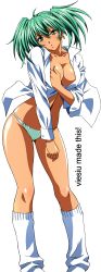 Rule 34 | 00s, 1girl, absurdres, blush, grabbing another&#039;s breast, breasts, cleavage, dress shirt, earrings, full body, grabbing, green eyes, green hair, green panties, head tilt, highres, ikkitousen, ikkitousen great guardians, jewelry, large breasts, long image, loose socks, magatama, matching hair/eyes, panties, rin-sin, ryofu housen, shirt, socks, solo, standing, stick poster, tall image, transparent background, twintails, underwear, vector trace