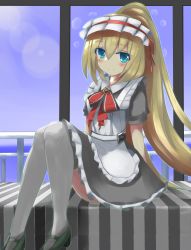 Rule 34 | 1girl, alternate costume, alternate hairstyle, arms behind back, blonde hair, blue eyes, blush, deutschland (warship girls r), lens flare, long hair, looking at viewer, maid, maid headdress, ponytail, shoes, sitting, smile, solo, thighhighs, warship girls r, white thighhighs, window