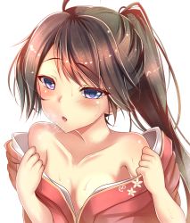 Rule 34 | 10s, 1girl, anchor symbol, bare shoulders, black hair, blue eyes, blush, breasts, breath, bright background, cleavage, collarbone, houshou (kancolle), japanese clothes, kantai collection, kimono, long hair, looking at viewer, off shoulder, open clothes, open mouth, ponytail, sazamiso rx, small breasts, solo, sweat, undressing