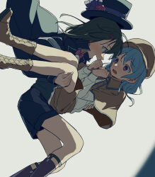Rule 34 | 2girls, ankle boots, bang dream!, black hair, black headwear, blue hair, blush, boots, bow, bowtie, brown capelet, brown headwear, capelet, carrying, coldcat., collared shirt, cross-laced footwear, deerstalker, dot nose, dutch angle, flat color, flower, grey eyes, hair between eyes, hair ornament, hairclip, hat, hat bow, hat flower, highres, knees together feet apart, lace-up boots, long hair, long sleeves, matsubara kanon, multiple girls, nose blush, okusawa misaki, pink bow, pink bowtie, princess carry, purple bow, purple eyes, red flower, red rose, rose, shirt, sidelocks, simple background, top hat, traditional bowtie, wavy mouth, white background, white shirt, yuri