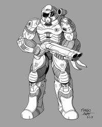 Rule 34 | 1other, armor, boots, doom (series), doomguy, double barrels, gloves, grey background, greyscale, gun, helmet, highres, holding, holding weapon, mango away, monochrome, power armor, rifle, shotgun, signature, simple background, solo, visor, weapon