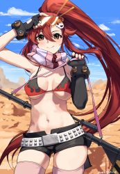 Rule 34 | 1girl, absurdres, anti-materiel rifle, arm up, armpits, asymmetrical sleeves, bare shoulders, belt, bikini, bikini top only, black gloves, blue sky, blush, breasts, brown eyes, canyon, cleavage, closed mouth, cloud, commentary, cowboy shot, day, elbow gloves, eyebrows hidden by hair, eyewear on head, fingerless gloves, flame print, gloves, groin, gun, gun on back, hair between eyes, hair ornament, highres, large breasts, long hair, looking at viewer, meltyrice, navel, outdoors, pink thighhighs, ponytail, red hair, rifle, scarf, shadow, short shorts, shorts, sidelocks, signature, single elbow glove, skindentation, skull hair ornament, sky, smile, sniper rifle, solo, standing, stomach, studded belt, sunglasses, swimsuit, tengen toppa gurren lagann, thick thighs, thighhighs, thighs, underboob, weapon, weapon on back, yoko littner