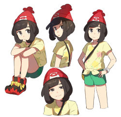 Rule 34 | 1girl, bag, beanie, black eyes, black hair, bracelet, closed mouth, collarbone, creatures (company), cropped legs, cropped torso, crossed arms, female focus, flat chest, floral print, from behind, full body, game freak, green shorts, half-closed eyes, hands on own hips, happy, hat, jewelry, knees up, legs together, looking at viewer, looking back, looking to the side, matching hair/eyes, multiple views, nintendo, open mouth, poke ball symbol, poke ball theme, pokemon, pokemon sm, red footwear, red headwear, selene (pokemon), shirt, shoes, short hair, short shorts, short sleeves, shorts, simple background, sitting, smile, tied shirt, unapoppo, upper body, white background, yellow shirt