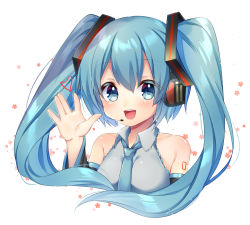 Rule 34 | 1girl, 39, :d, amane (230075), aqua necktie, black legwear, blue eyes, blue hair, blush, collared shirt, commentary request, dated, detached sleeves, grey shirt, hair between eyes, hand up, hatsune miku, heart, highres, long hair, necktie, open mouth, shirt, sidelocks, simple background, skirt, smile, solo, twintails, upper body, v, vocaloid, white background